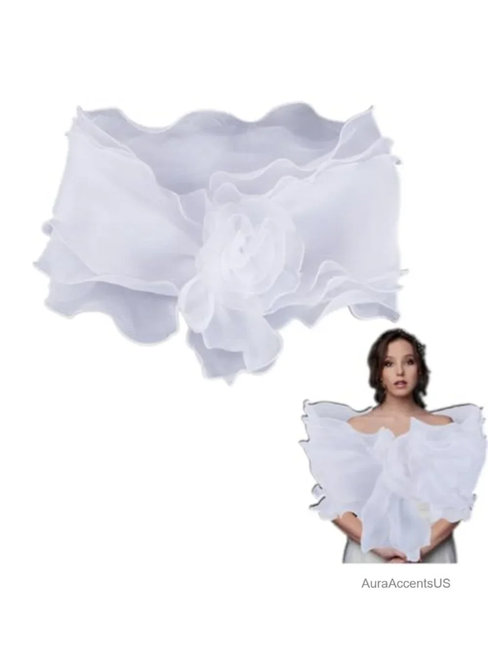 White Chiffon Shawl Wrap Ruffle Trim Sheer Silk Cape Pleated Floral Edge